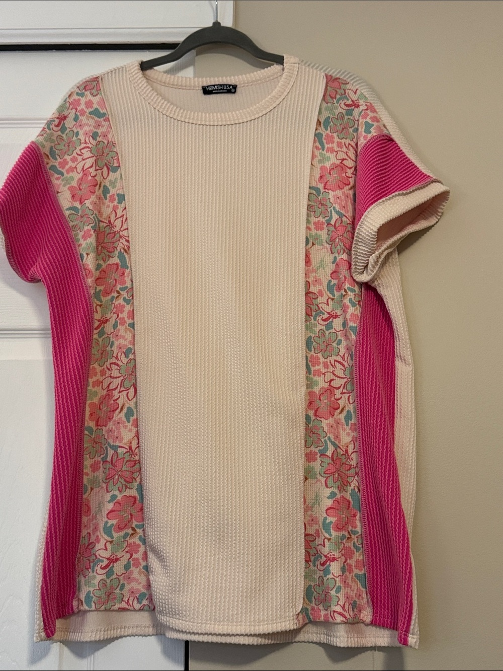HEIMISH USA Cream Ribbed Knit Top with Pink Trim